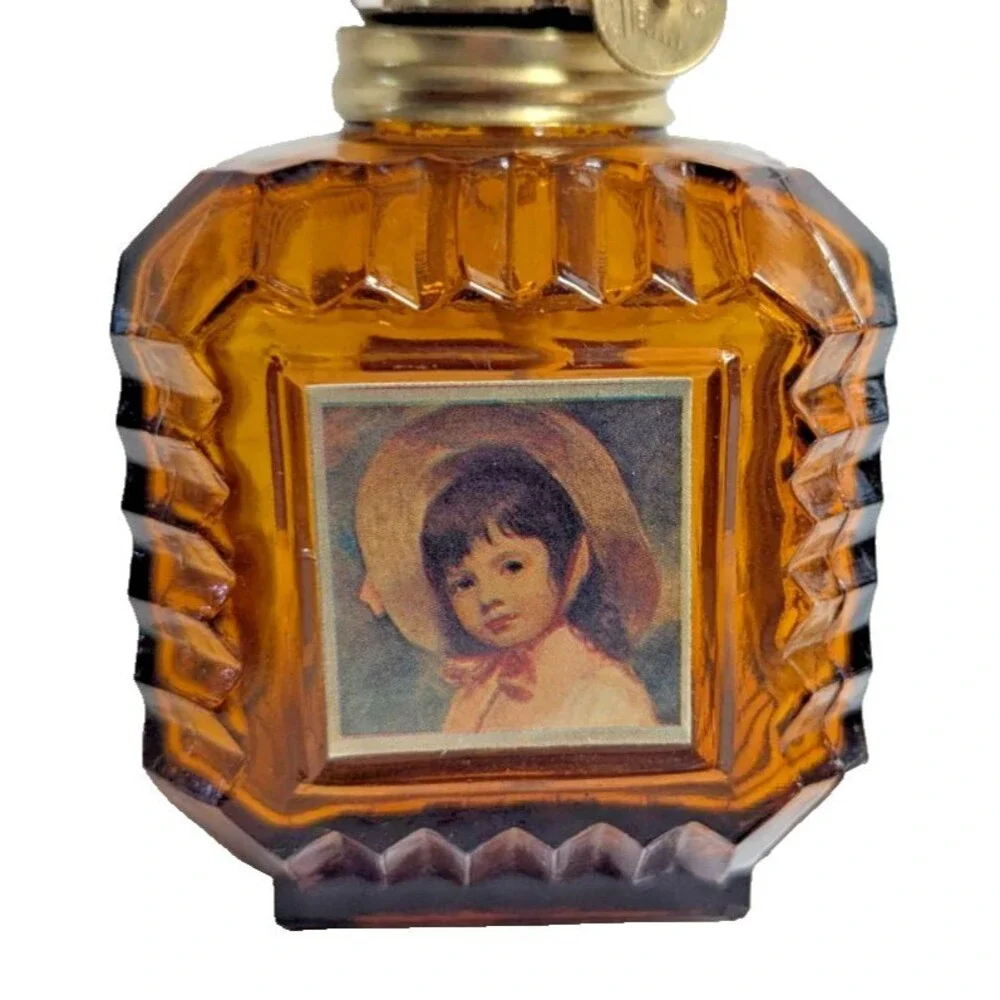 Victorian Style Amber Glass Children Portrait Wick Metal Top Holder VTG 1960s
